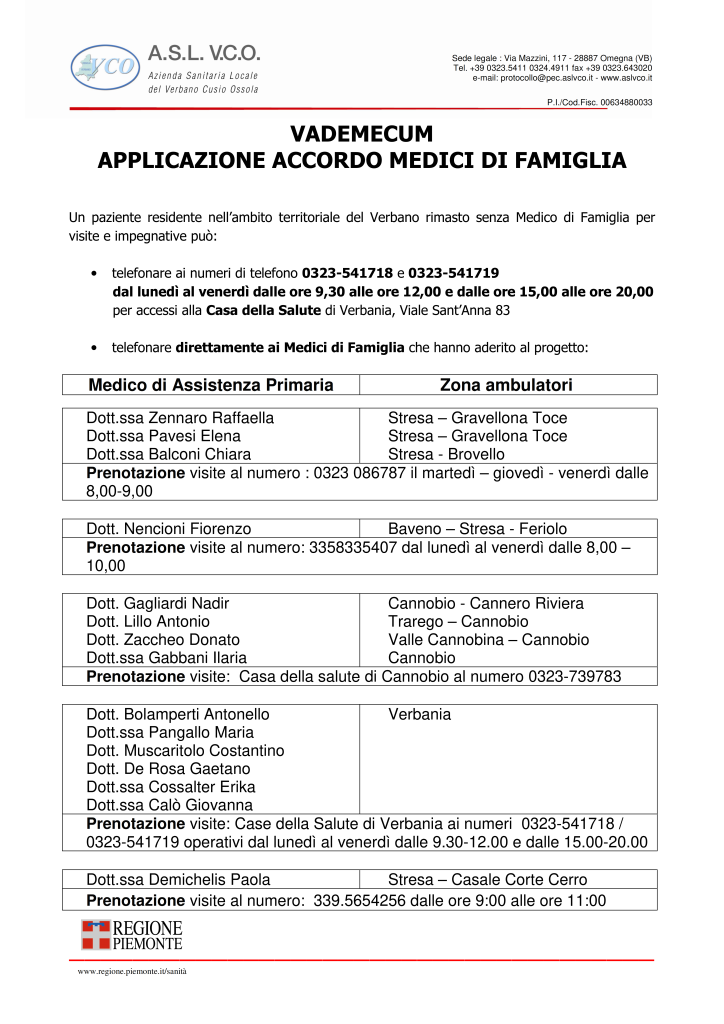 AGGIORNAMENTO VADEMECUM DI APPLICAZIONE DELL&#8217;ACCORDO CON I MEDICI DI FAMIGLIA