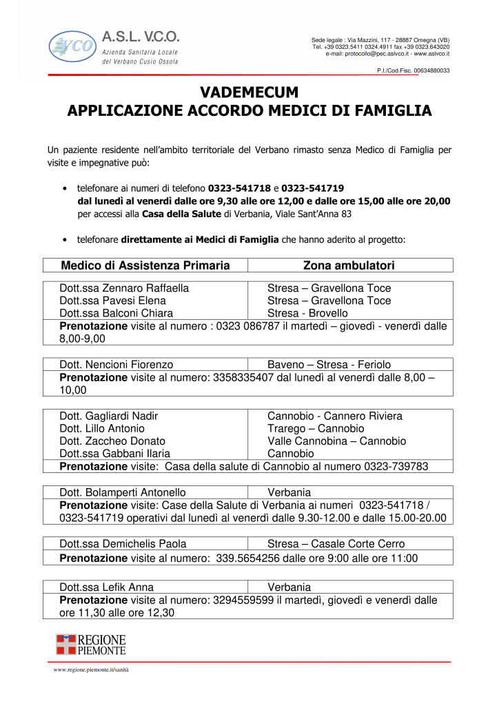 VADEMECUM DI APPLICAZIONE DELL&#8217;ACCORDO CON I MEDICI DI FAMIGLIA